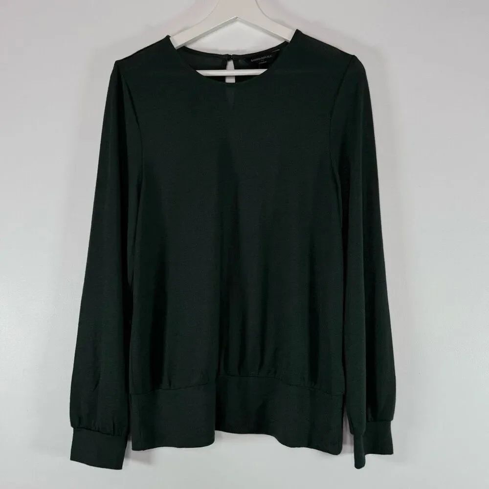 Banana Republic LuxeSpun Linen Blend Crewneck Keyhole Closure Deep Forest Green